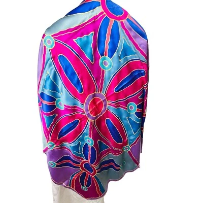 Bufanda de Seda Estampado Geométrico Flor Rosa Púrpura Azul 34" x 34" Australia Retro De Colección Foto 1 de 4