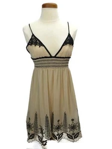 MM Couture Dress Size Small Beige Black Ruching Embroidery Bra Straps Lined - Picture 1 of 5