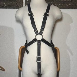 VTG 90s LEATHER BONDAGE BODY HARNESS BLACK / SILVER O RING CROTCH STRAP PUNK - Picture 1 of 4