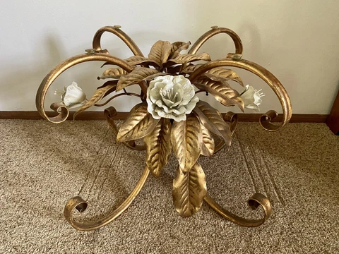 Vintage Hollywood Regency Metal End Or Coffee Table Base Gold White Flowers Cover