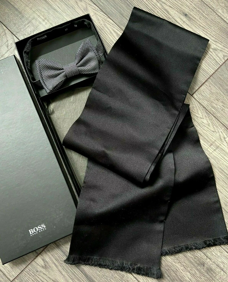 HUGO BOSS Negro Seda Bufanda y Lazo Set Corbata Hecho en Italia Venta Nuevo Caja - Imagen 1 de 4