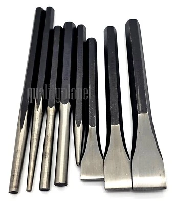 8 PC JUMBO LARGE MECHANIC'S STEEL METAL PUNCH & CHISEL PIN TOOL SET - Image 1 of 2