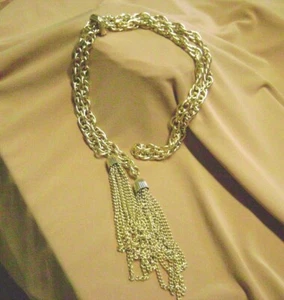 VINTAGE CHUNKY CHAIN TASSEL FRINGE BOLO SLIDE FRINGE 34"  NECKLACE - Picture 1 of 5
