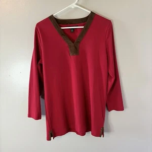 Lauren Ralph Lauren Women’s Red Long Sleeve Top Faux Suede Neckline Sz Large - Picture 1 of 7