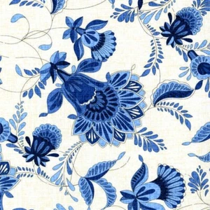 33 Inches Caprice Delft Blue Jacobean Floral Linen Texture White Cotton Fabric - Picture 1 of 2