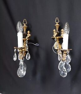 Bbeautiful Vintage Antique Pair of  Brass Crystal 1 Light Sconces Wall Lights