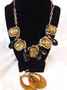 Vintage Leopard & schwarze Perlen Modeschmuck 18" Halskette mit durchbohrten Ohrringen - Bild 1 von 8