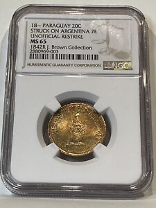 PARAGUAY Gold Pattern 20c 18(XX) MS65 NGC (Over 1842 Argentina 2 Escudos Rosas)