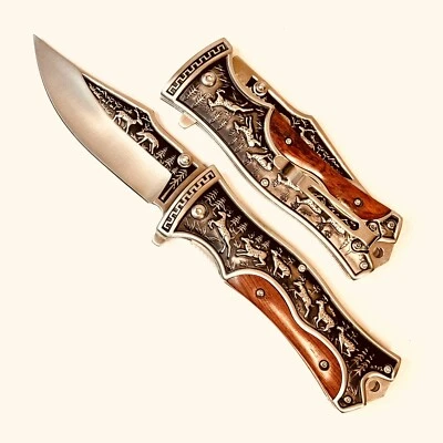 SUPER KNIFE 9" Heavy Duty Spring Assisted Open Blade Folding Embossed Pocket Knife