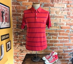 1980s Penguin Shirt Men's Vintage Red & Burgundy Striped Short Sleeve Pullover M - Picture 1 of 9
