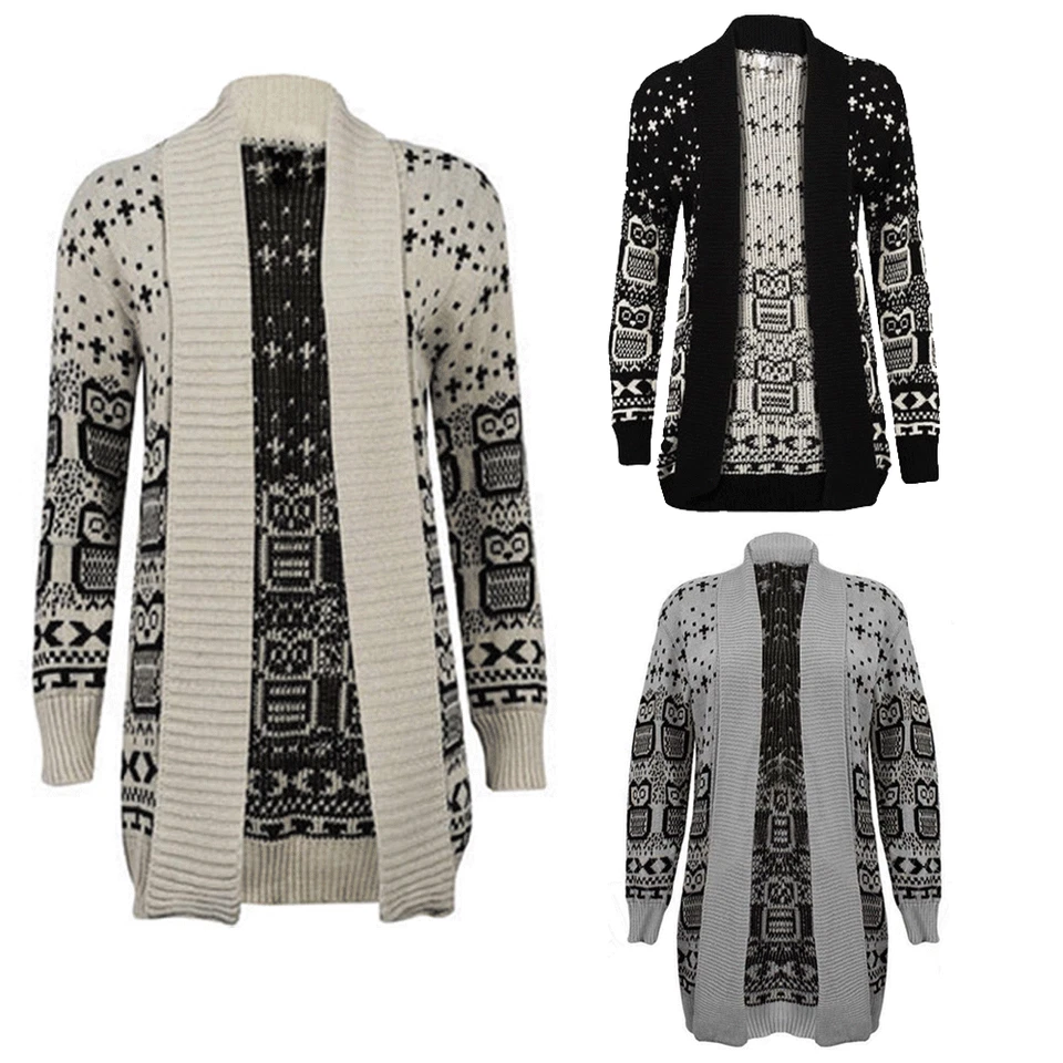 Womens Ladies Owl Print Knitted Long Sleeve Jumper Open Cardigan Plus Size 8-26 - Image 1 of 1