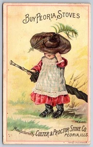 Peoria Culter & Proctor Stoves Ad~Young Girl w/Feather Hat & Umbrella~Trade Card - Picture 1 of 2