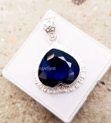 Pietra preziosa ciondolo argento massiccio 925 taglio cuore zaffiro blu 32+... - Immagine 1 di 4