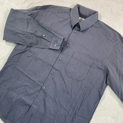 Brioni Shirt Men Large Grey Navy Blue Striped Mother of Pearl Buttons Italy Made - Image 1 of 4