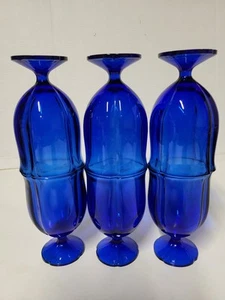 6er Set antike Vintage irisierende kolbaltblaue Glaskelche gewellter Fuß - Bild 1 von 24