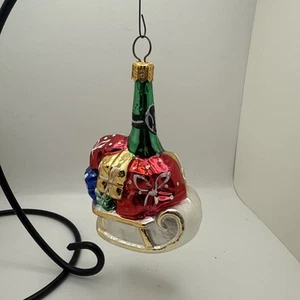 Vintage Glass Sled w/Gifts Champagne/Wine Bottle Christmas Ornament ✅ - Picture 1 of 9