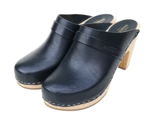 Hasbeens Swedish Black Leather Clogs Slip In Mid Heel SZ 39 US 8.5 - Picture 1 of 9