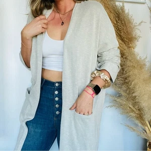 DONNI. ANTHROPOLOGIE Silvery Grey Oversized Long Open Cardi Cardigan Pullover M - Bild 1 von 8