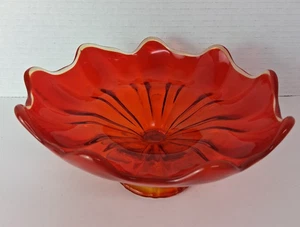 Vintage Wikinger Glas Amberina rot orange geraffter Rand 9 Blütenblätter Kompott Standschale - Bild 1 von 7