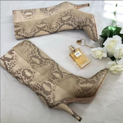 NEW PARIS TEXAS Slip On Leather Boots Sz 37 Snake Print Mid Calf Pointy Toe  - Image 1 of 4