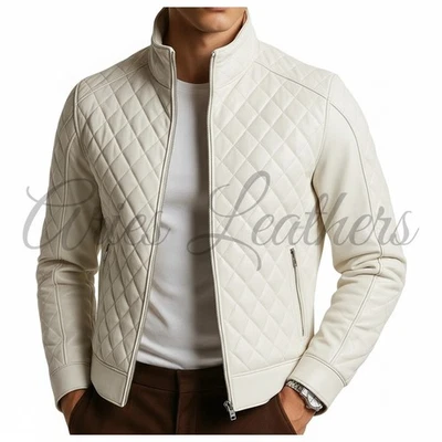 Men's Pure Lambskin Leather White Flight Bomber Jacket Quilted Style Biker Coat - Image 1 of 4