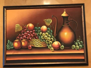 Pintura al óleo en bandeja de frutas y tetera - Imagen 1 de 2