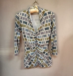 Weston Wear Women Ruched Front V-Neck Top Blouse Large Boho Geometric 3/4 Sleeve - Picture 1 of 8