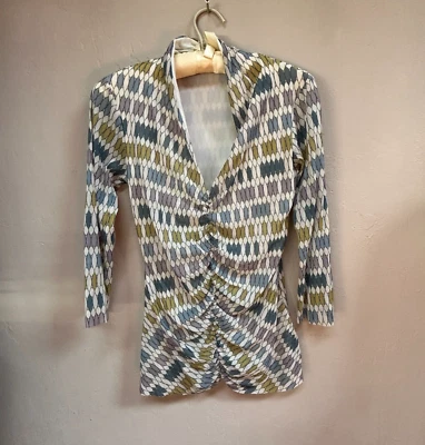 Weston Wear Women Ruched Front V-Neck Top Blouse Large Boho Geometric 3/4 Sleeve - Image 1 of 4