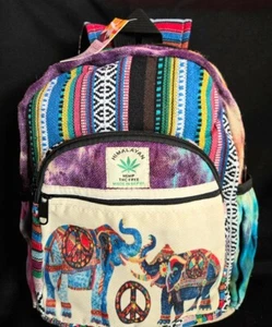 BACKPACK ELEPHANTS and PEACE SIGNS Patchwork RISING INTERNATIONAL NEPAL Handmade - Picture 1 of 8