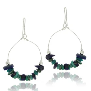 925 Silver Denim Lapis & Lab Created Turquoise Chips Earrings - Picture 1 of 3