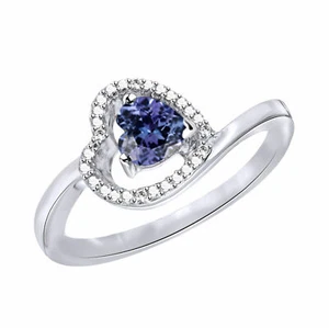 Halo Wedding Anniversary Ring Simulated Tanzanite & Diamond Sterling Silver - Picture 1 of 6