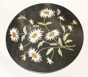 21" Round Black Floral Marble Table with Inlay – Handmade Geometric Art - Picture 1 of 11