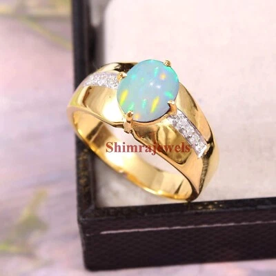 Anello In Argento Placcato Oro 18k Con Gemma Di Opale Naturale Per Uomo #1122 - Immagine 1 di 4
