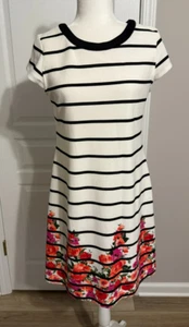 Kensie Short Sleeve Dress. Size 6 Fully Lined White Black Stripes with Flowers - Picture 1 of 5