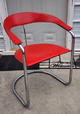 Arrben Italy Canasta Red Leather & Chrome Arm Chair Mid-Century Sleek & Solid Cover