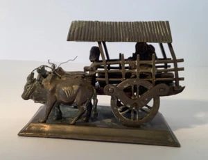 Vintage Brass Bullock Cart / Carriage Pulled By Two Oxen With Driver & Passenger - Picture 1 of 12