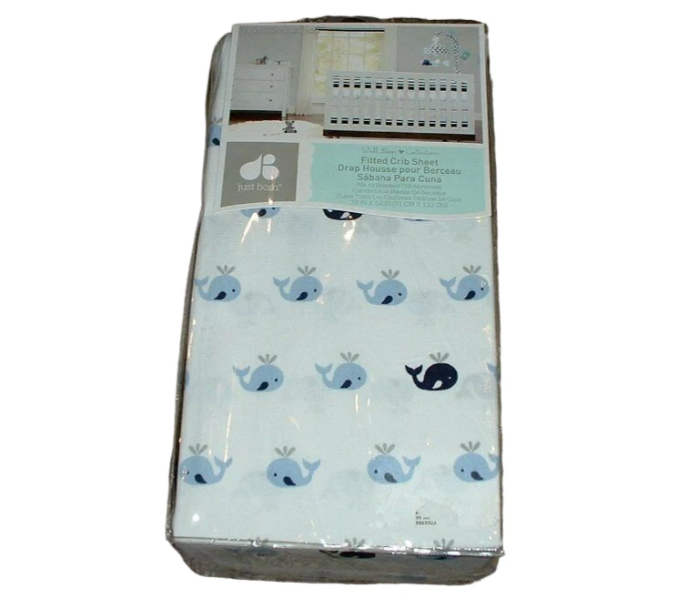 Just Born Whale Fitted Crib Sheet White Blue Navy Gray Baby Boy Nursery NWT RARE - Image 1 of 3