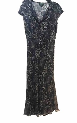 Vtg Y2k Lauren Ralph Lauren Silk Midi Dress Sz 6 Floral  V Neck blue  - Image 1 of 4