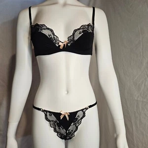 Agent Provocateur Balconette Bra 34B Thong AP4 Set Black Satin Scalloped Lace - Picture 1 of 18