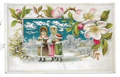 Embossed Sample School Card Children/Snowy Scene Beverly, Victorian Trade Card - Image 1 of 2