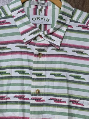 Orvis Shirt Mens Size L Green Red White Short Sleeve Button Aztec Southwestern - Image 1 of 4
