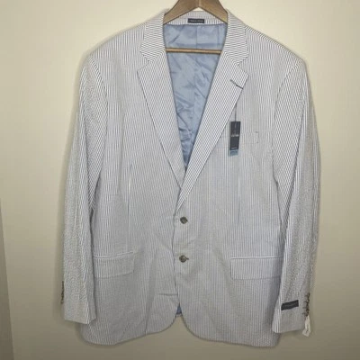 Stafford Mens 52R Seersucker Blazer Cotton Sport Coat Blue White Stripe Jacket - Image 1 of 4