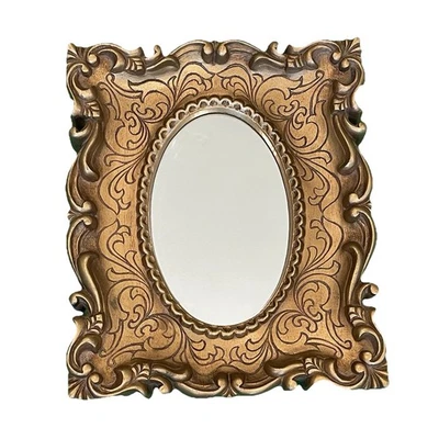 Hollywood Regency Oval Inset Mirror In Gold Tone Molded Plastic Frame Wall Hang  - Image 1 of 4
