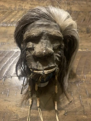 Vintage Replica Shrunken Head Tsantsa Goat Hide Human Hair Hand-Stitched Oddity - Image 1 of 4