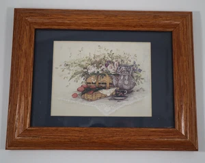 GBOT tulips and teapot Pat Richter framed art print basket tea cup vintage - Picture 1 of 7