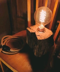 Rustic Table Lamp Light handcrafted reclaimed oak Beam barnwood Stump Log - Picture 1 of 13