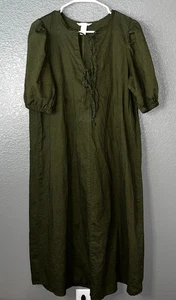 Abito midi H&M verde oliva misto lino cravatta collo manica a sbuffo donna taglia M - Foto 1 di 4