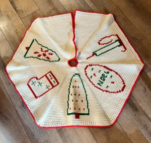 Vintage Weihnachten handgehäkelt Baum Rock Noel Stechpalme Kerze rot grün 35" - Bild 1 von 6
