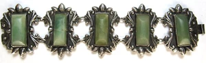 Mexican Silver Early Repousse Jade Green Onyx Panel Link Bracelet 7 Inch - Picture 1 of 24