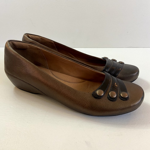 Scarpe slip on basse da donna Clarks taglia 10 tamburo da concerto artigianale in pelle rame